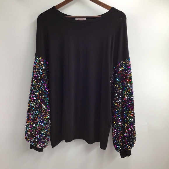 Jess Lea Tops - Sequin Sleeve Black Long Sleeve Top